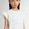 Tricou pentru fete cu mâneci cu volane, inscripții și broderii