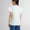 Tricou pentru fete cu mâneci cu volane, inscripții și broderii