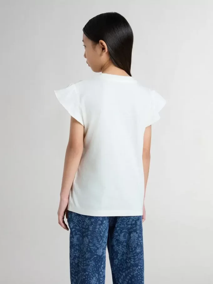 Tricou pentru fete cu mâneci cu volane, inscripții și broderii