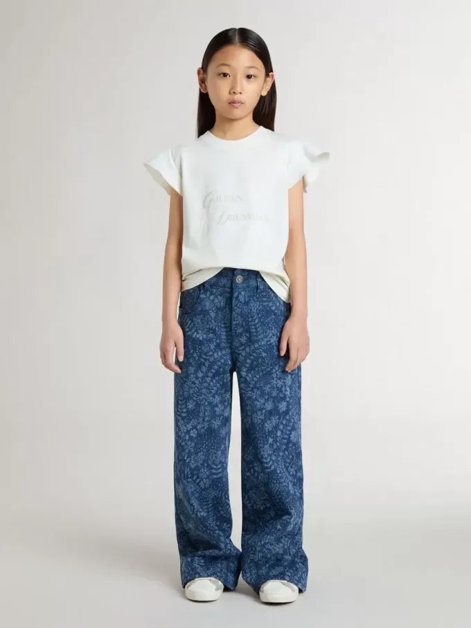 Tricou pentru fete cu mâneci cu volane, inscripții și broderii