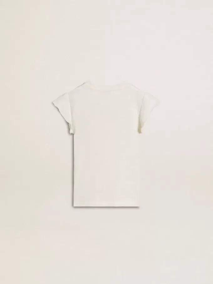 Tricou pentru fete cu mâneci cu volane, inscripții și broderii