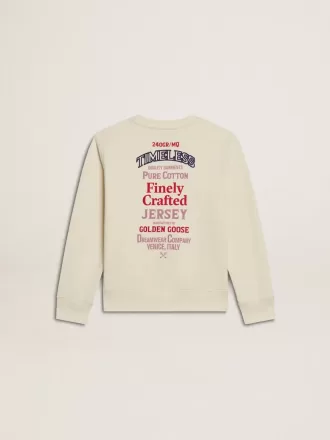 Tricou pentru fete, de culoare albă uzată, cu broderie pe față și imprimeu pe spate