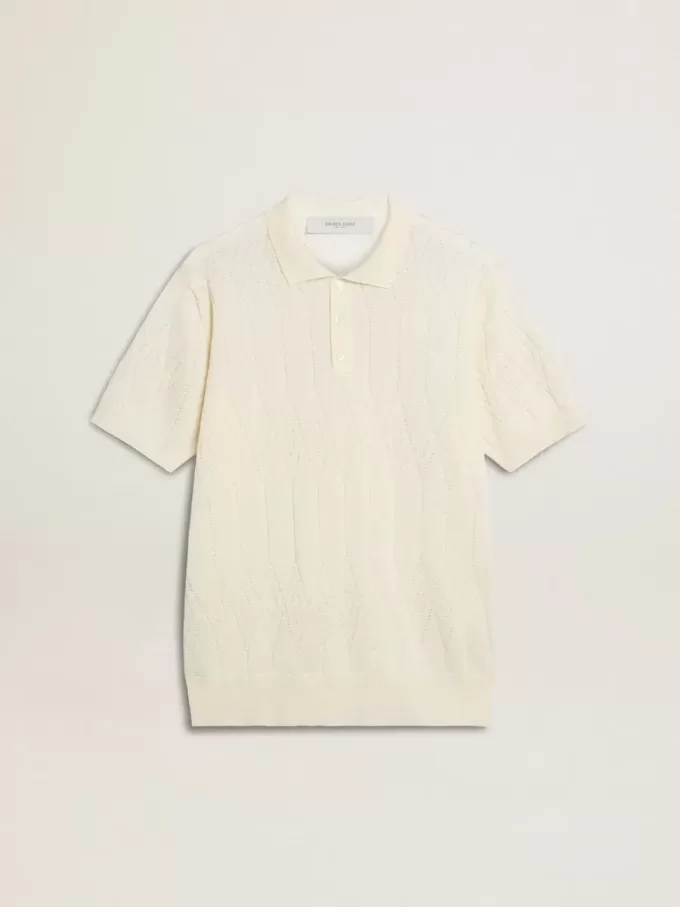 Tricou polo alb din tricot jacquard pentru bărbați Tricou polo alb din tricot jacquard pentru bărbați
