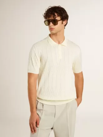 Tricou polo alb din tricot jacquard pentru bărbați