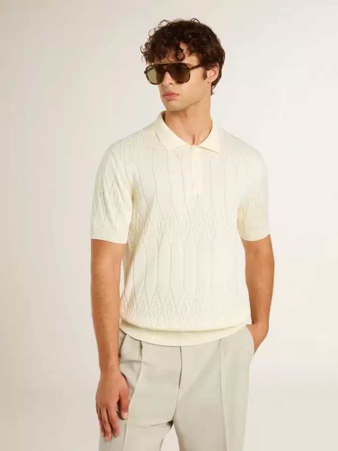 Tricou polo alb din tricot jacquard pentru bărbați Tricou polo alb din tricot jacquard pentru bărbați
