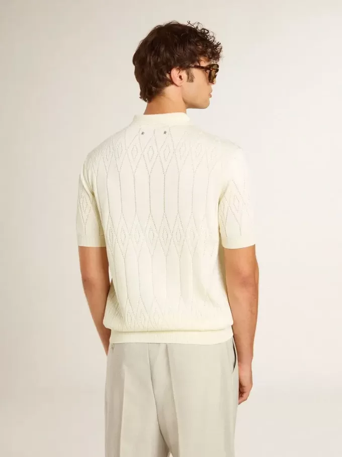 Tricou polo alb din tricot jacquard pentru bărbați Tricou polo alb din tricot jacquard pentru bărbați