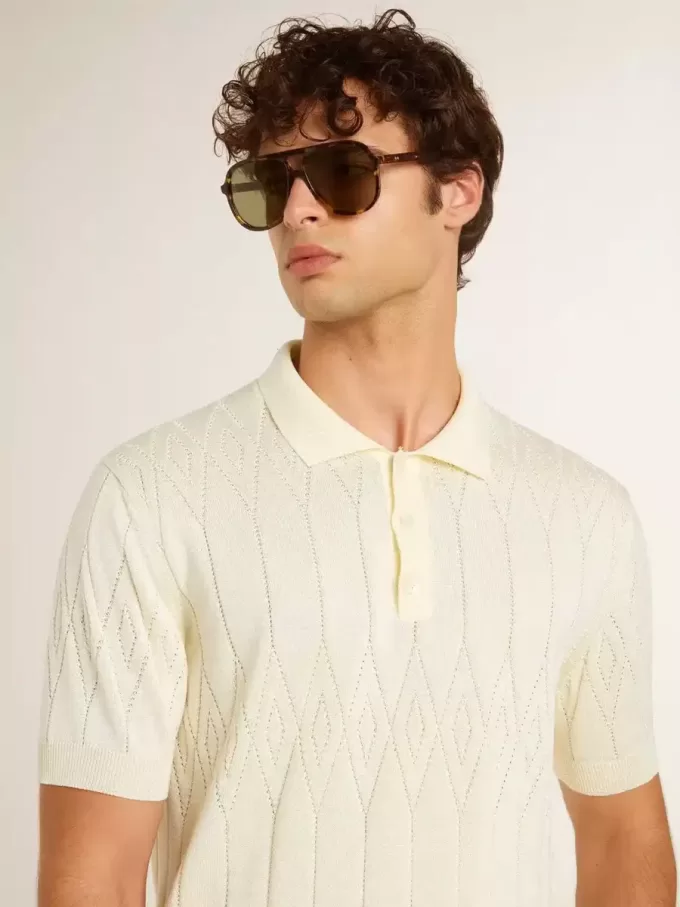 Tricou polo alb din tricot jacquard pentru bărbați Tricou polo alb din tricot jacquard pentru bărbați