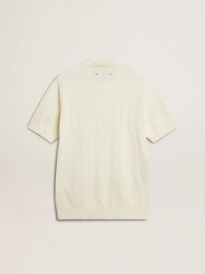 Tricou polo alb din tricot jacquard pentru bărbați Tricou polo alb din tricot jacquard pentru bărbați