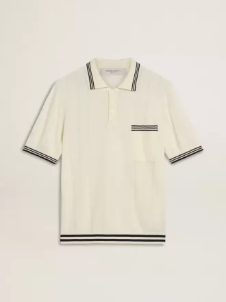 Tricou polo pentru bărbați, de culoare albă uzată, cu nervuri albastre