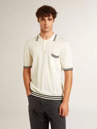 Tricou polo pentru bărbați, de culoare albă uzată, cu nervuri albastre