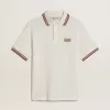 Tricou polo pentru bărbați din tricot perforat alb cu detalii în dungi burgund Tricou polo pentru bărbați din tricot perforat alb cu detalii în dungi burgund