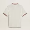 Tricou polo pentru bărbați din tricot perforat alb cu detalii în dungi burgund Tricou polo pentru bărbați din tricot perforat alb cu detalii în dungi burgund