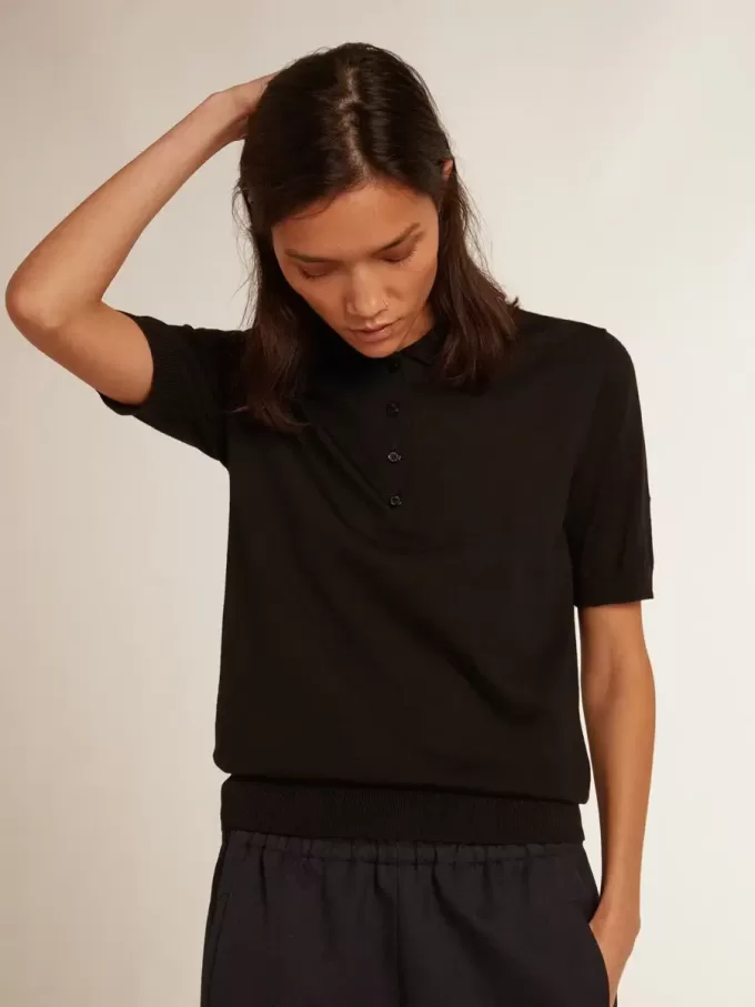 Tricou polo pentru femei din lână merino neagră Tricou polo pentru femei din lână merino neagră