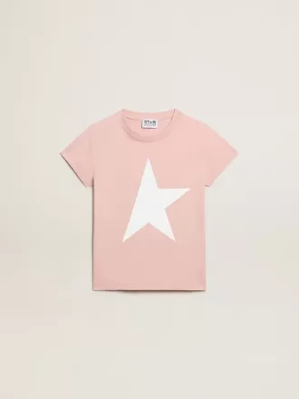 Tricou roz pentru fete, cu logo alb și stea maxi Tricou roz pentru fete, cu logo alb și stea maxi