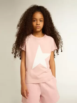 Tricou roz pentru fete, cu logo alb și stea maxi Tricou roz pentru fete, cu logo alb și stea maxi