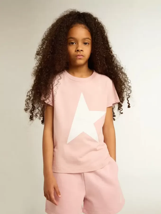 Tricou roz pentru fete, cu logo alb și stea maxi