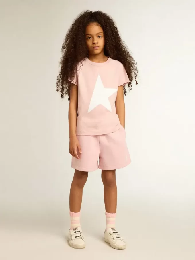 Tricou roz pentru fete, cu logo alb și stea maxi