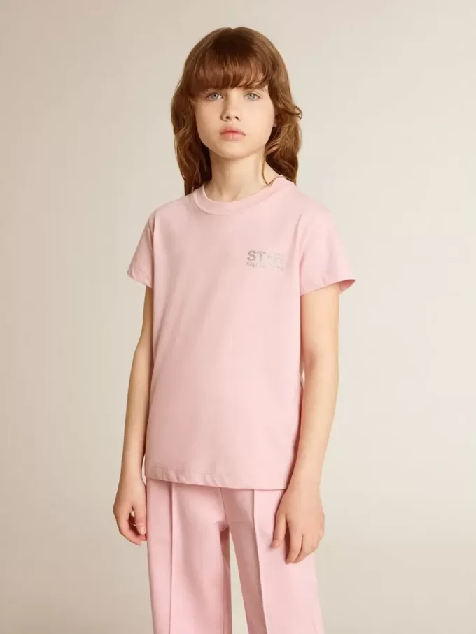 Tricou roz pentru fete, cu logo argintiu strălucitor și stea maxi Tricou roz pentru fete, cu logo argintiu strălucitor și stea maxi