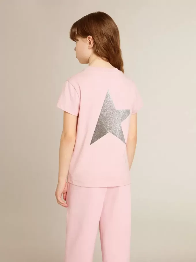 Tricou roz pentru fete, cu logo argintiu strălucitor și stea maxi Tricou roz pentru fete, cu logo argintiu strălucitor și stea maxi