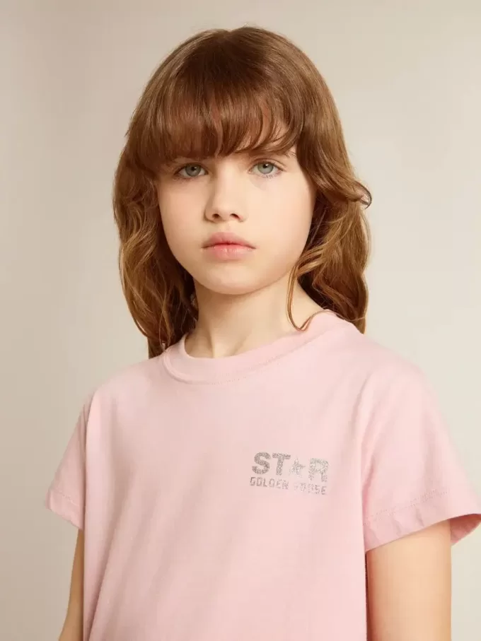 Tricou roz pentru fete, cu logo argintiu strălucitor și stea maxi Tricou roz pentru fete, cu logo argintiu strălucitor și stea maxi