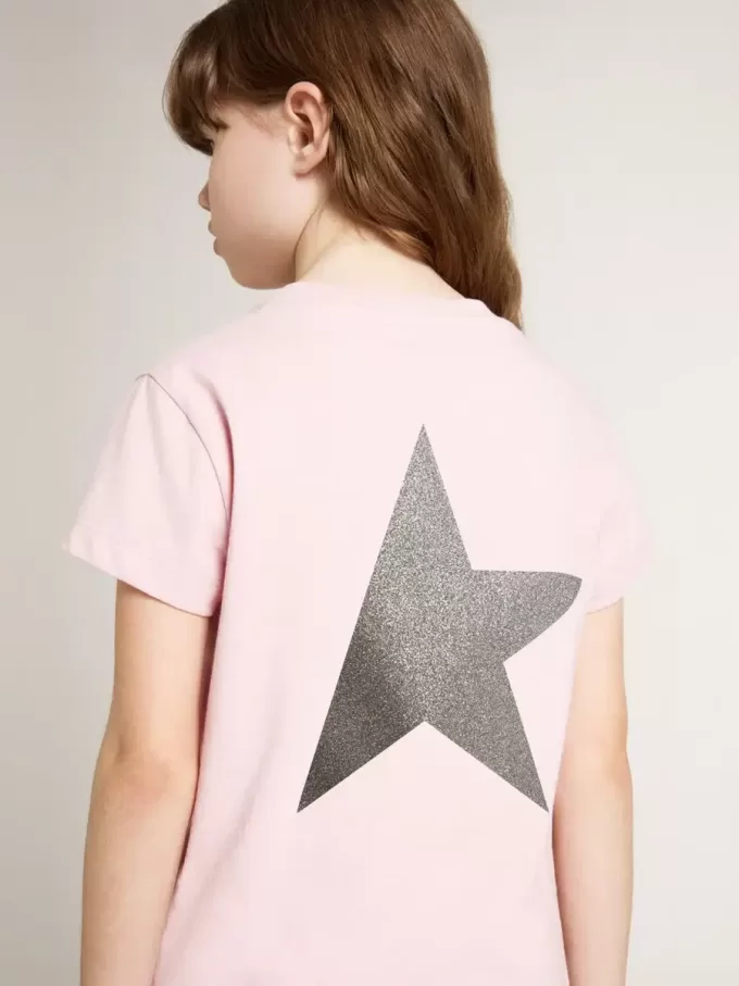 Tricou roz pentru fete, cu logo argintiu strălucitor și stea maxi Tricou roz pentru fete, cu logo argintiu strălucitor și stea maxi