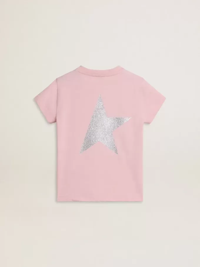 Tricou roz pentru fete, cu logo argintiu strălucitor și stea maxi Tricou roz pentru fete, cu logo argintiu strălucitor și stea maxi
