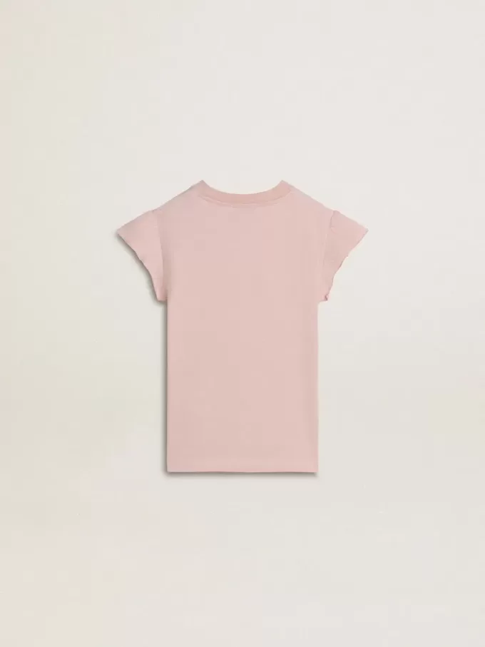 Tricou roz pentru fete, cu mâneci cu volane și broderie Tricou roz pentru fete, cu mâneci cu volane și broderie