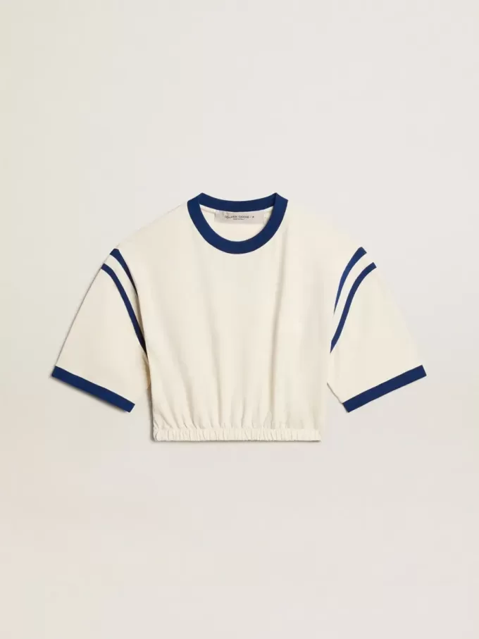 Tricou scurt din bumbac alb îmbătrânit, cu inscripție pe spate Tricou scurt din bumbac alb îmbătrânit, cu inscripție pe spate