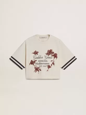 Tricou scurt oversized pentru femei, din jersey alb, cu broderie și imprimeu „Venezia Mediterraneo”