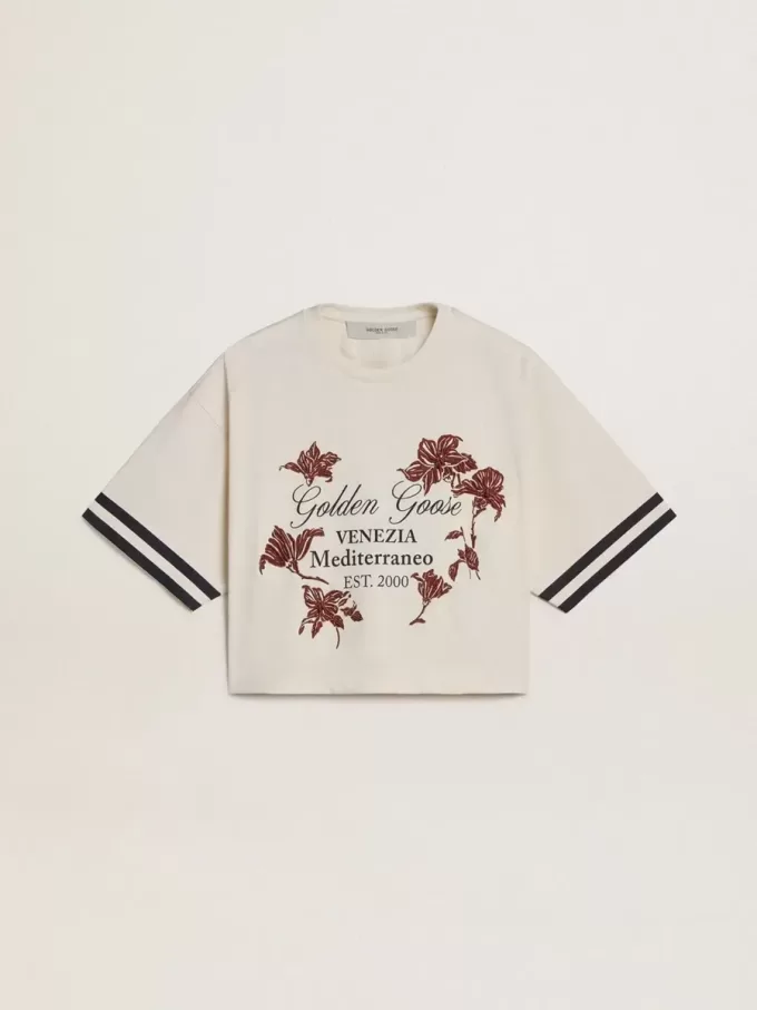 Tricou scurt oversized pentru femei, din jersey alb, cu broderie și imprimeu „Venezia Mediterraneo” Tricou scurt oversized pentru femei, din jersey alb, cu broderie și imprimeu „Venezia Mediterraneo”