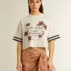 Tricou scurt oversized pentru femei, din jersey alb, cu broderie și imprimeu „Venezia Mediterraneo” Tricou scurt oversized pentru femei, din jersey alb, cu broderie și imprimeu „Venezia Mediterraneo”