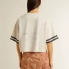 Tricou scurt oversized pentru femei, din jersey alb, cu broderie și imprimeu „Venezia Mediterraneo” Tricou scurt oversized pentru femei, din jersey alb, cu broderie și imprimeu „Venezia Mediterraneo”