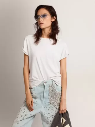 Tricou slim fit pentru femei, în alb, cu aspect uzat