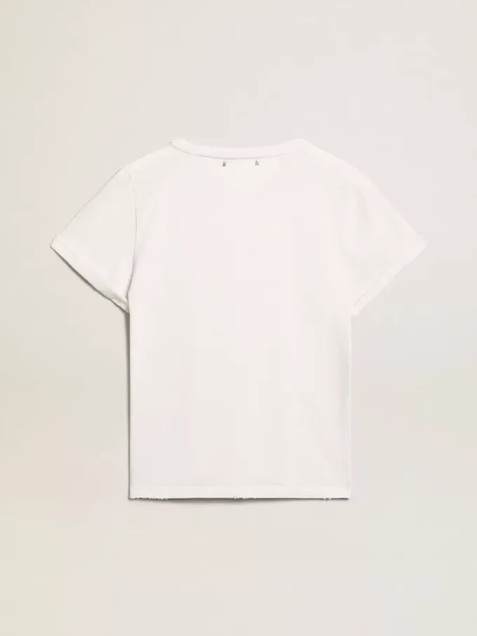 Tricou slim fit pentru femei, în alb, cu aspect uzat Tricou slim fit pentru femei, în alb, cu aspect uzat