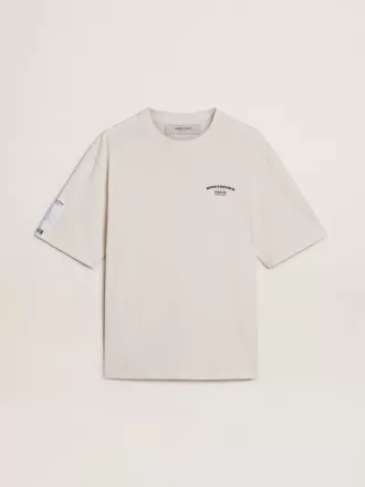 Tricou unisex alb cu imprimeu mediteranean și patch Pescheria Golden pe mânecă