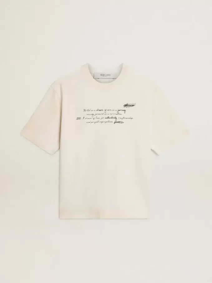 Tricou unisex alb uzat, cu inscripție imprimată Tricou unisex alb uzat, cu inscripție imprimată