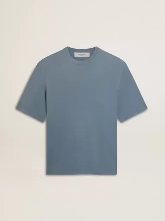 Tricou unisex din bumbac, de culoare albastru deschis, cu imprimeu inversat pe spate