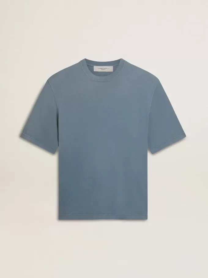 Tricou unisex din bumbac, de culoare albastru deschis, cu imprimeu inversat pe spate Tricou unisex din bumbac, de culoare albastru deschis, cu imprimeu inversat pe spate