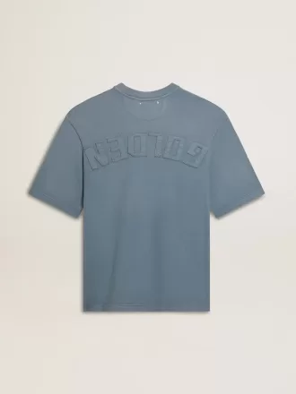 Tricou unisex din bumbac, de culoare albastru deschis, cu imprimeu inversat pe spate