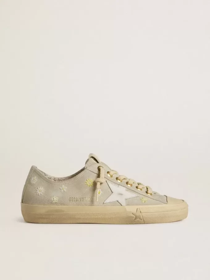 V-Star pentru femei din piele de căprioară gri gheață, cu stea din piele albă și broderie florală V-Star pentru femei din piele de căprioară gri gheață, cu stea din piele albă și broderie florală