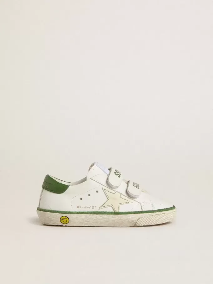 Young Old School din piele albă cu călcâi din piele nappa verde și inserție verde Young Old School din piele albă cu călcâi din piele nappa verde și inserție verde