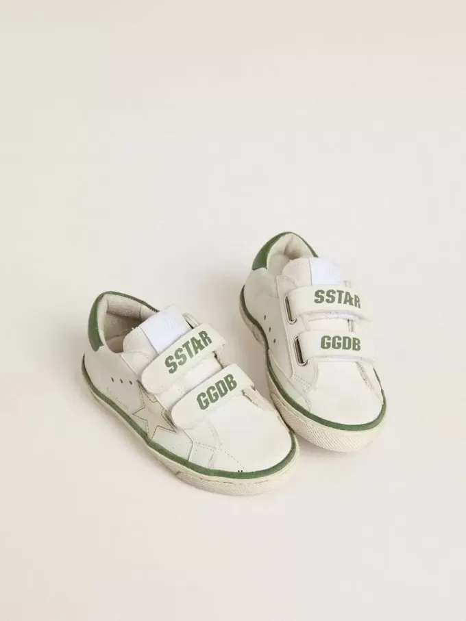 Young Old School din piele albă cu călcâi din piele nappa verde și inserție verde Young Old School din piele albă cu călcâi din piele nappa verde și inserție verde
