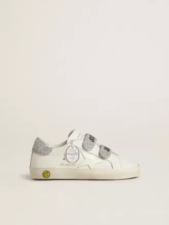 Young Old School din piele albă cu talpă și curele cu cristale Swarovski argintii Young Old School din piele albă cu talpă și curele cu cristale Swarovski argintii