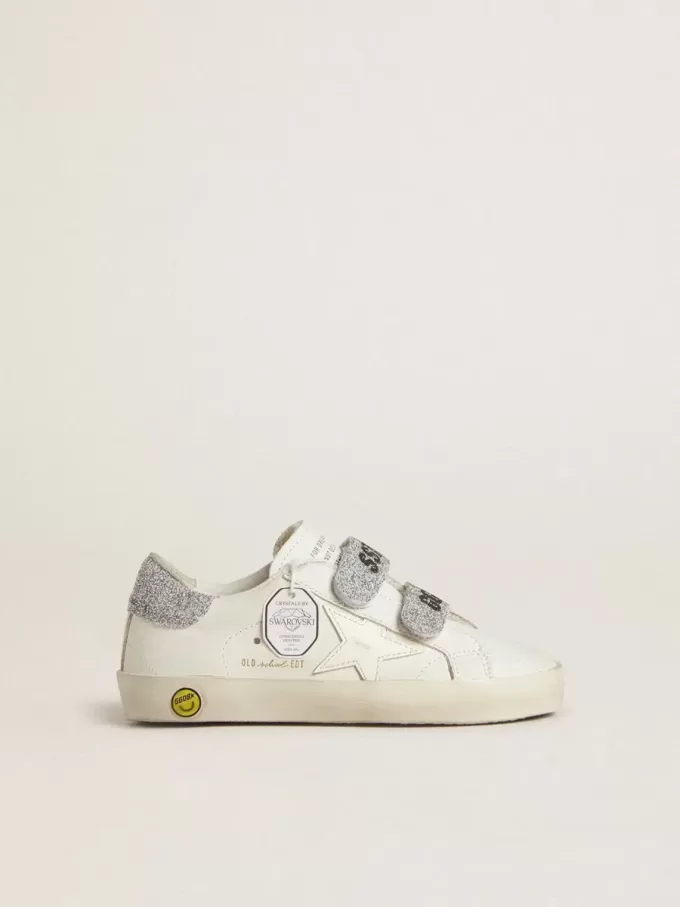 Young Old School din piele albă cu talpă și curele cu cristale Swarovski argintii Young Old School din piele albă cu talpă și curele cu cristale Swarovski argintii