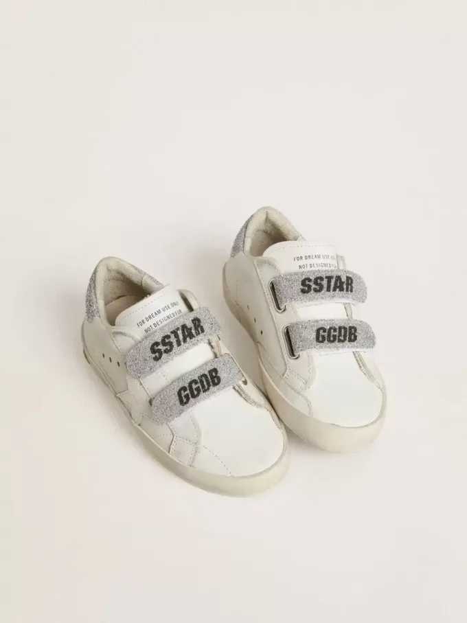 Young Old School din piele albă cu talpă și curele cu cristale Swarovski argintii Young Old School din piele albă cu talpă și curele cu cristale Swarovski argintii
