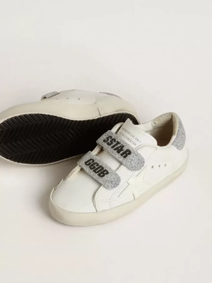 Young Old School din piele albă cu talpă și curele cu cristale Swarovski argintii Young Old School din piele albă cu talpă și curele cu cristale Swarovski argintii